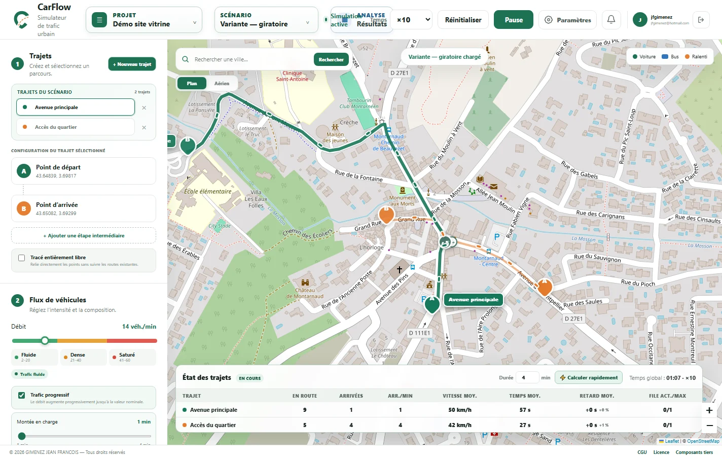 Interface CarFlow montrant les mêmes trajets après remplacement du stop par une giration.
