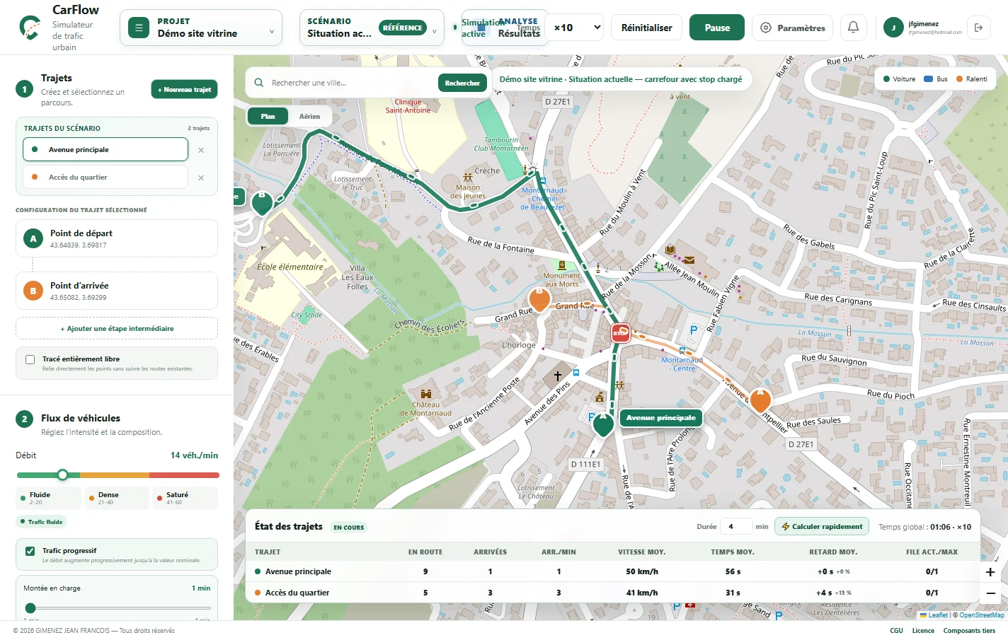 Interface CarFlow montrant deux trajets simulés sur la carte de Montarnaud avec un stop au carrefour.